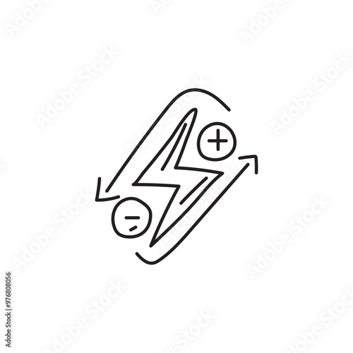 Hand drawn illustration of a lightning bolt with positive and negative charges, representing electric current and energy