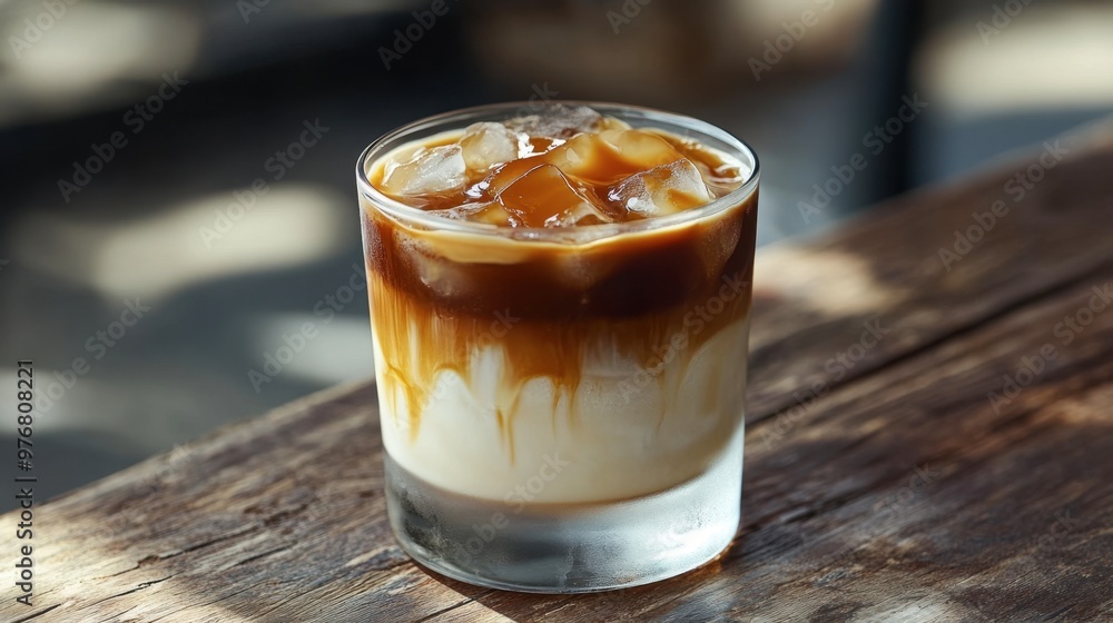 A layered iced coffee drink, with espresso and milk swirling together over ice cubes, topped with a caramel drizzle, served on a rustic table. A layered iced coffee drink, with espresso and milk swirling together over ice cubes, topped with a caramel drizzle, served on a rustic table.