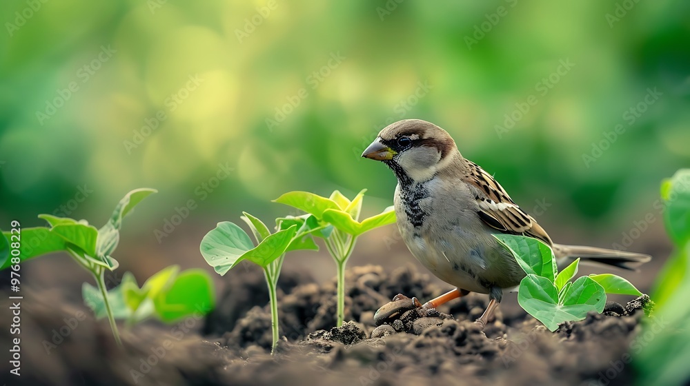 Fototapeta premium A little sparrow planting beans and taking care to the surface