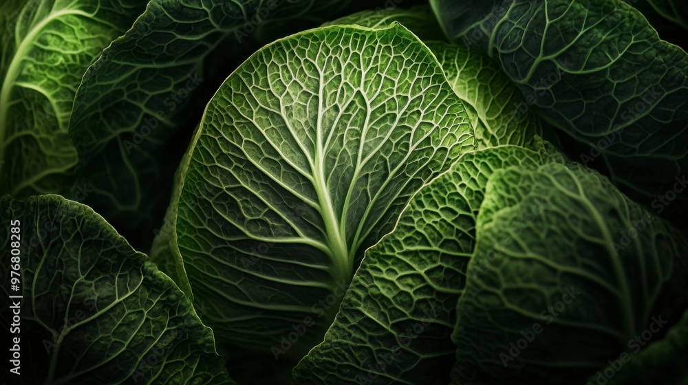 Obraz premium A macro shot of cabbage leaves with intricate veins and textures, capturing the natural beauty and detail of the vegetables structure under soft lighting.
