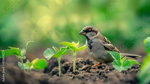 A little sparrow planting beans and taking care to the surface