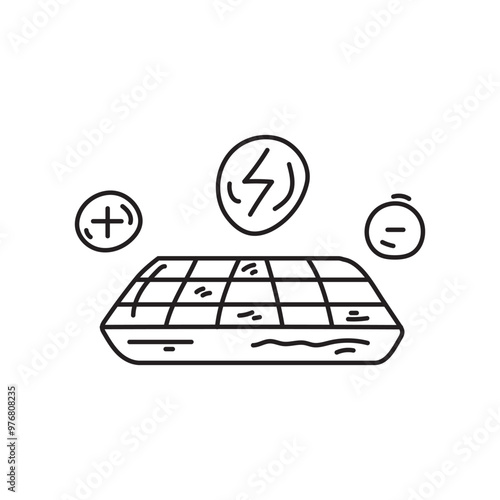 Line art illustration of a solar panel with plus, minus, and lightning bolt icons. Concept of renewable energy, clean energy, green energy, sustainability, and alternative energy.