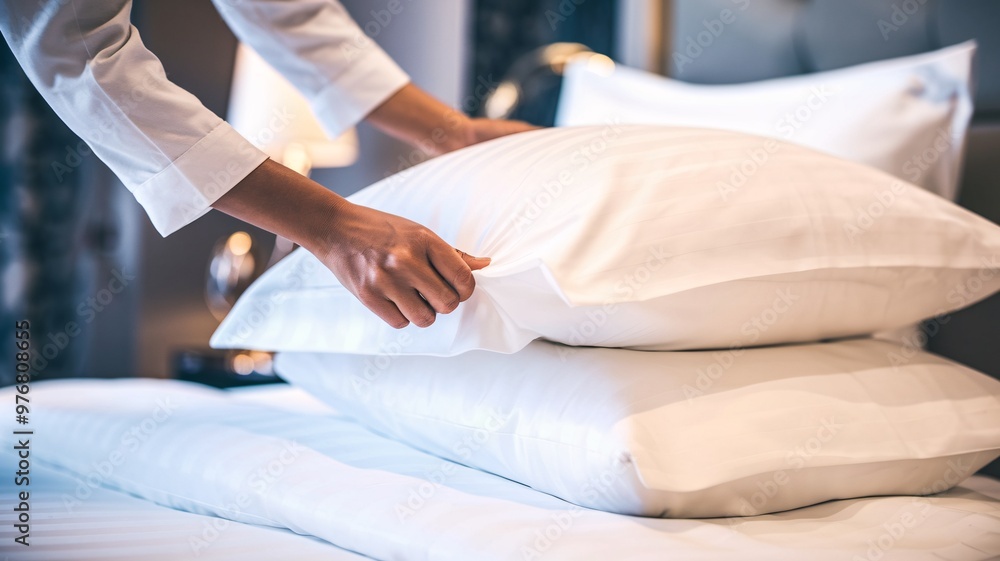 Fototapeta premium Hotel Room Service: Preparing a Comfortable Bed. A hotel room maid fluffs pillows on a bed with crisp white linens. This image captures the simple elegance of a well-appointed hotel room.