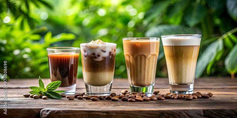 Four different coffee drinks in glasses on a natural and relaxed setting, coffee, drinks, variety, glass, natural, relaxed Four different coffee drinks in glasses on a natural and relaxed setting, coffee, drinks, variety, glass, natural, relaxed