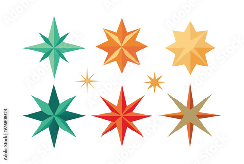 Colorful Star Icon Collection, Decorative Geometric Shapes for Holiday Design