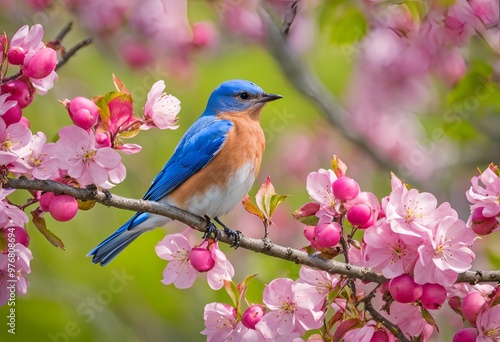 Spring Serenade: Eastern Bluebird Among Pink Crabapple Blossoms