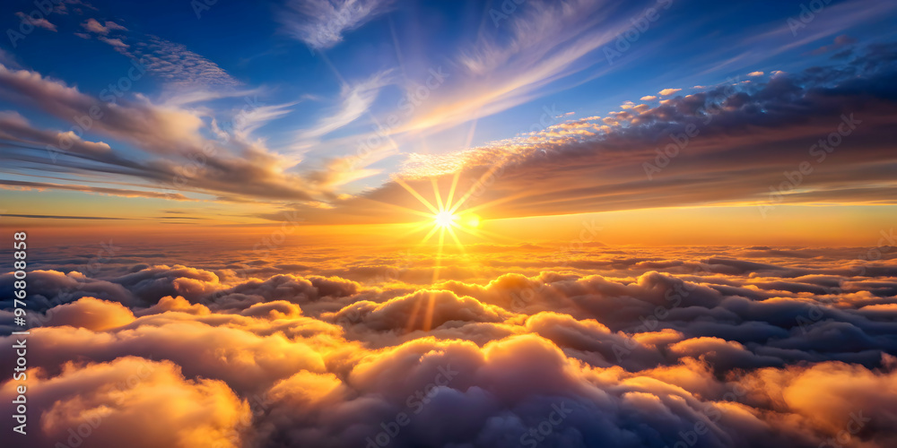 Dawn's radiance shining brightly above fluffy clouds in the sky , sunrise, above the firmament, cottony clouds Dawn's radiance shining brightly above fluffy clouds in the sky , sunrise, above the firmament, cottony clouds