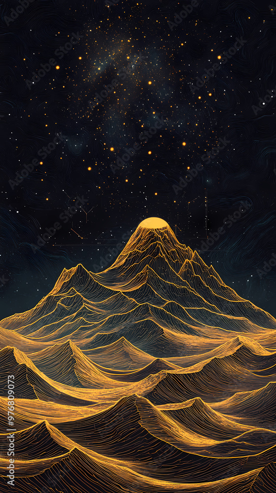 Golden mountain in a futuristic starry sky Golden mountain in a futuristic starry sky