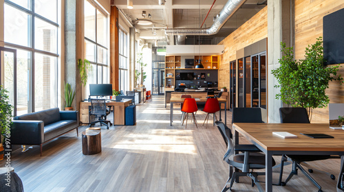 A shared office space with hot desks, collaborative areas, and a vibrant atmosphere.