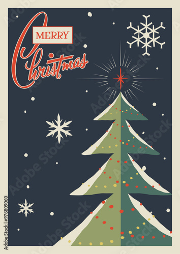 Merry Christmas and Happy New Year Retro Style Greeting Cards. XMAS Tree with Decorations. Star of Bethlehem, Snowflakes. 1950s - 1960s Style Christmas Illustration