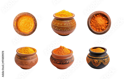 Collection of Earthen pot filled with Auspicious orange sindoor, diwali front view isolate on transparency background photo