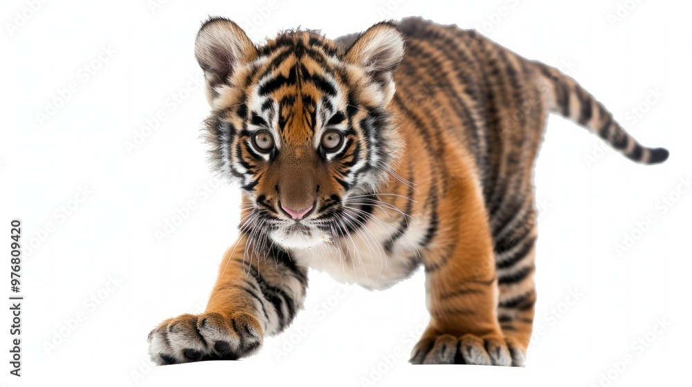Obraz premium A baby tiger playfully pouncing isolated on a transparent background.