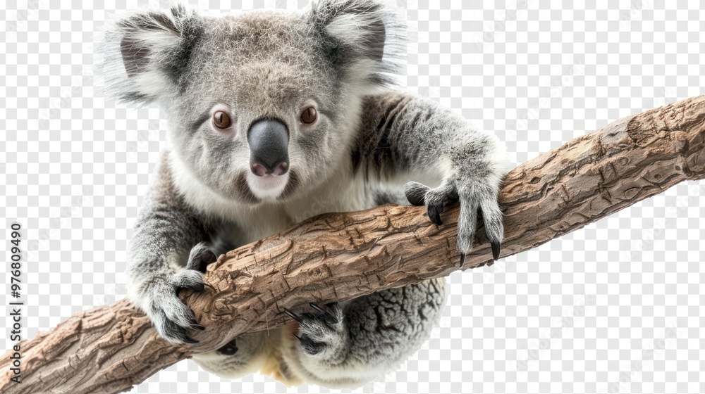 Fototapeta premium A baby koala clinging to a tree branch isolated on a transparent background.