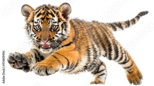 A baby tiger playfully pouncing isolated on a transparent background.