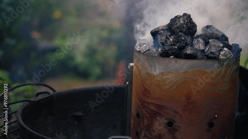 Coals and charcoal on a barbecue
