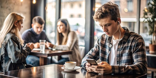 A young man sits at a cafe table, listening to music and scrolling on his phone while enjoying a cup of coffee. Other patrons are blurred in the background.