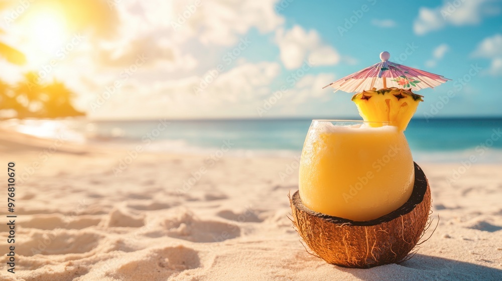 A tropical pia colada served in a coconut shell, with a paper umbrella and pineapple garnish, sitting on a sandy beach under the bright sun. A tropical pia colada served in a coconut shell, with a paper umbrella and pineapple garnish, sitting on a sandy beach under the bright sun.