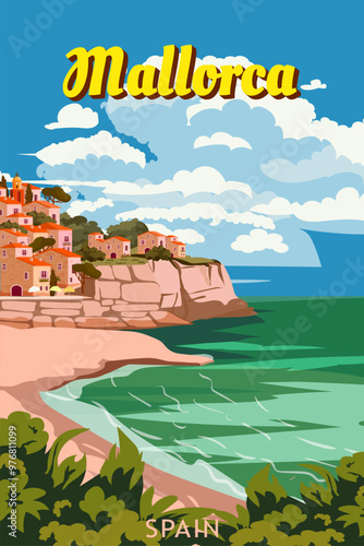 Vintage travel poster Mallorca Spain, tropical resort