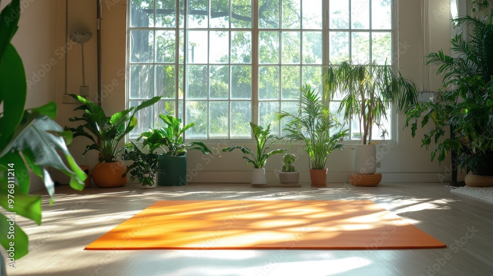 A yoga studio with an orange rubber floor mat, peaceful natural light, and indoor plants, creating a calm yet invigorating space for relaxation and practice. A yoga studio with an orange rubber floor mat, peaceful natural light, and indoor plants, creating a calm yet invigorating space for relaxation and practice.