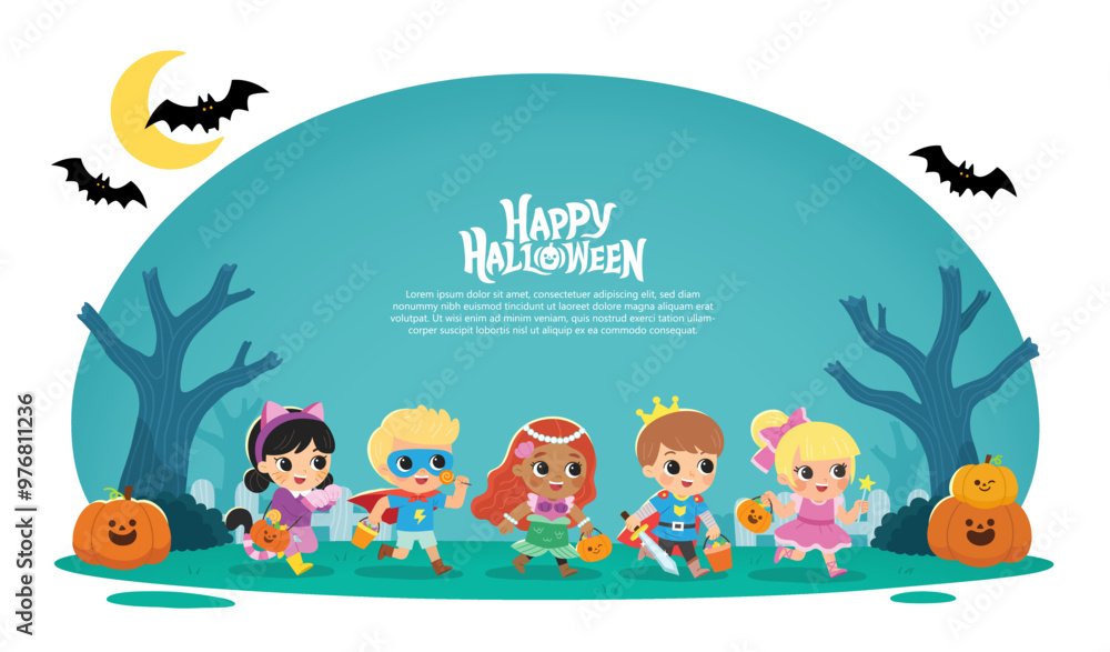 Naklejka premium Children dressed in Halloween costumes to go Trick or Treating. Halloween costume kids in spooky holiday. Template for advertising brochure.