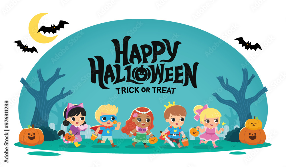 Fototapeta premium Children dressed in Halloween costumes to go Trick or Treating. Halloween costume kids in spooky holiday. Template for advertising brochure.