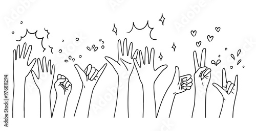 doodle hands up,Hands clapping with love. applause gestures. Give and share your love to people. vector illustration