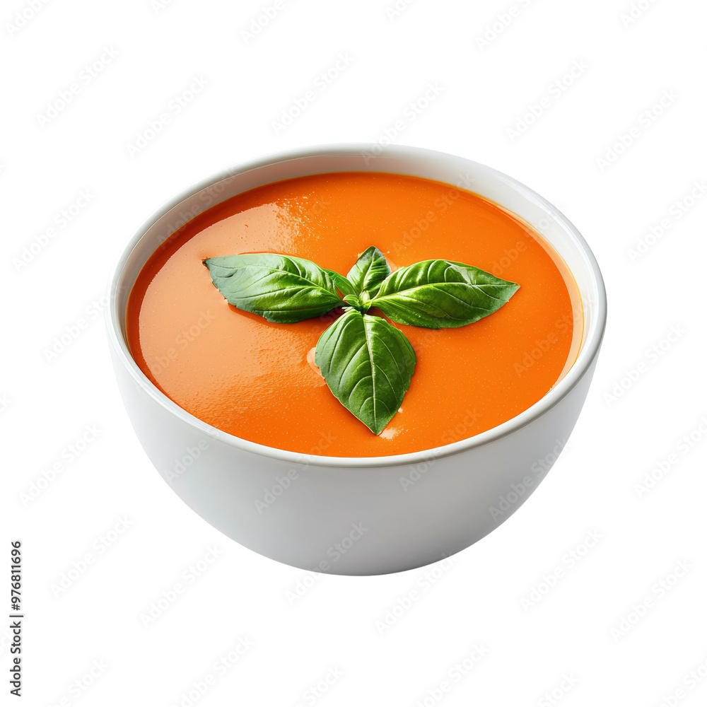 Delicious tomato soup served in a bowl, garnished with fresh basil leaves Delicious tomato soup served in a bowl, garnished with fresh basil leaves