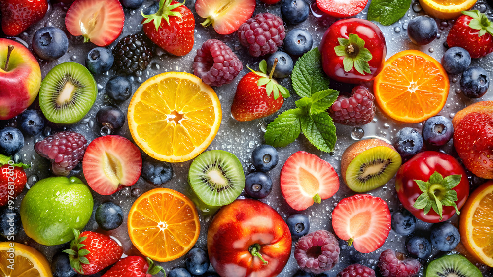 Close up overhead shot of assorted fruit with visible water drops, fruit, water drops, close up, top view, overhead shot, fresh Close up overhead shot of assorted fruit with visible water drops, fruit, water drops, close up, top view, overhead shot, fresh
