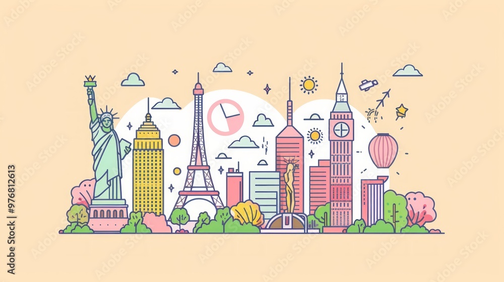 Create a minimalistic travel and tourism illustration featuring famous landmarks from around the world Create a minimalistic travel and tourism illustration featuring famous landmarks from around the world