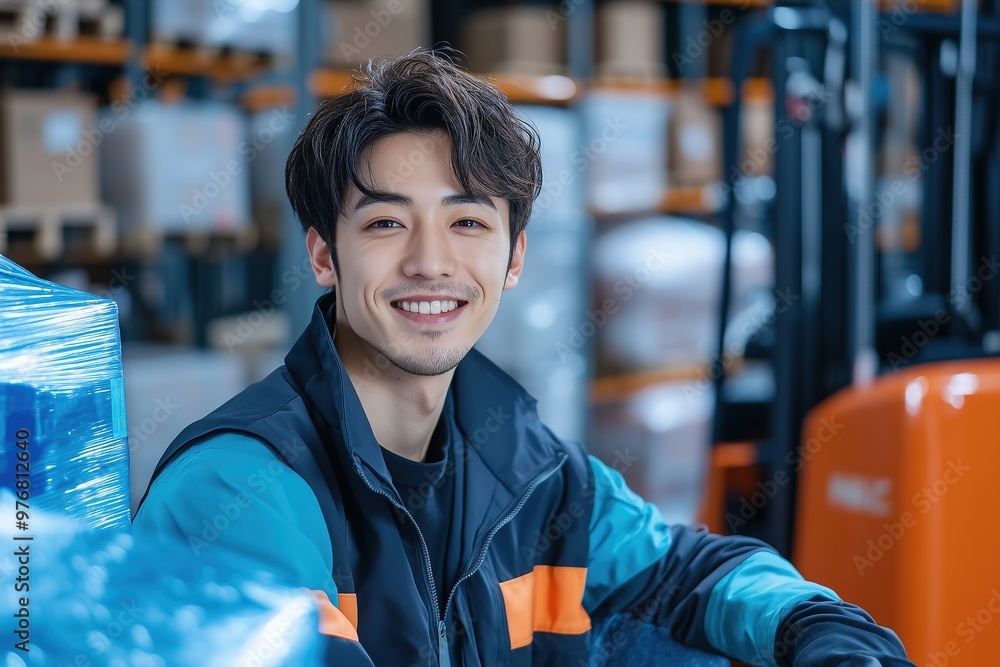 Young Japanese man smiles in a busy logistics warehouse Young Japanese man smiles in a busy logistics warehouse