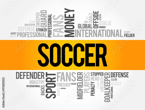 Soccer - a team sport played between two teams of eleven players using a spherical ball, word cloud concept background