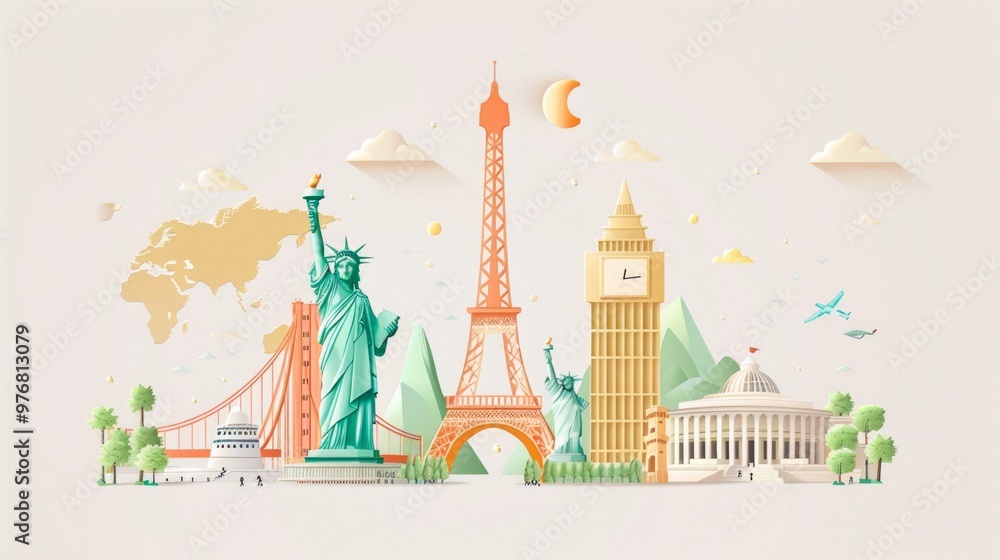 Fototapeta premium Create a minimalistic travel and tourism illustration featuring famous landmarks from around the world