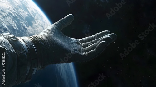 Astronaut Hand Floating in Space: A gloved astronaut hand floating in the vacuum of space, with the Earth visible in the distance. 
