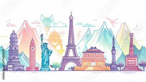 Create a minimalistic travel and tourism illustration featuring famous landmarks from around the world