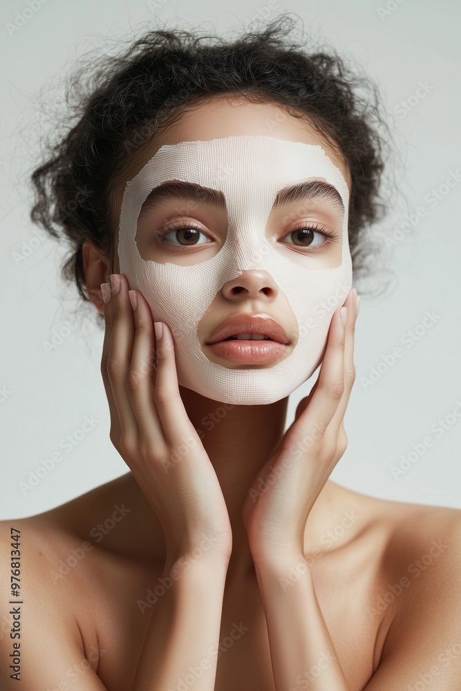 Relaxing ritual of applying a fabric sheet mask at a studio Relaxing ritual of applying a fabric sheet mask at a studio
