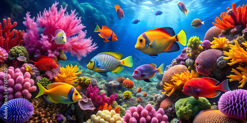 Vibrant coral reef fish swimming amongst colorful coral formations , marine life, underwater, ocean, vibrant, colorful