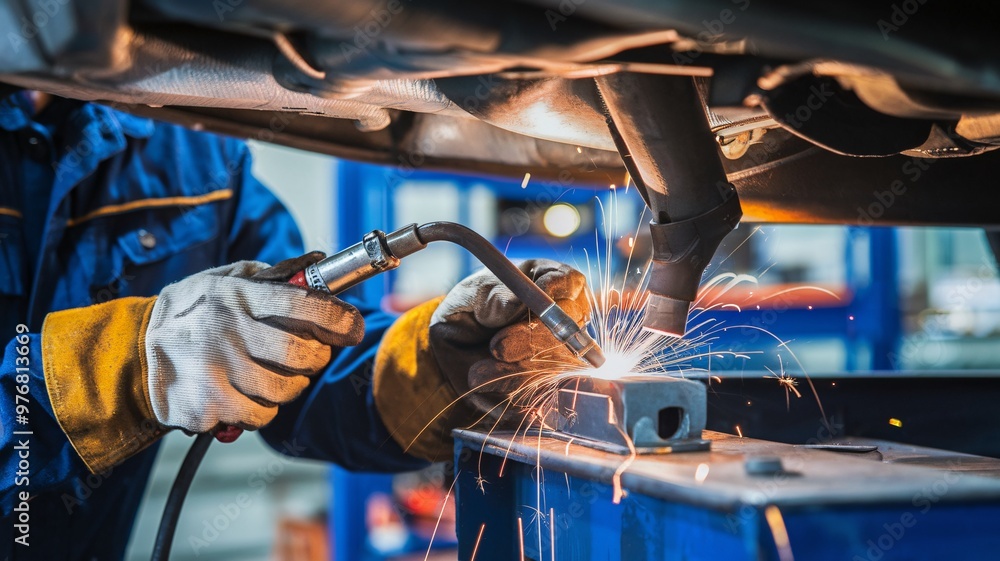 Obraz premium Auto Mechanic Welding Car Parts in Workshop. A skilled auto mechanic is welding a car part in a well-equipped workshop. The sparks flying from the welding torch illuminate the scene.
