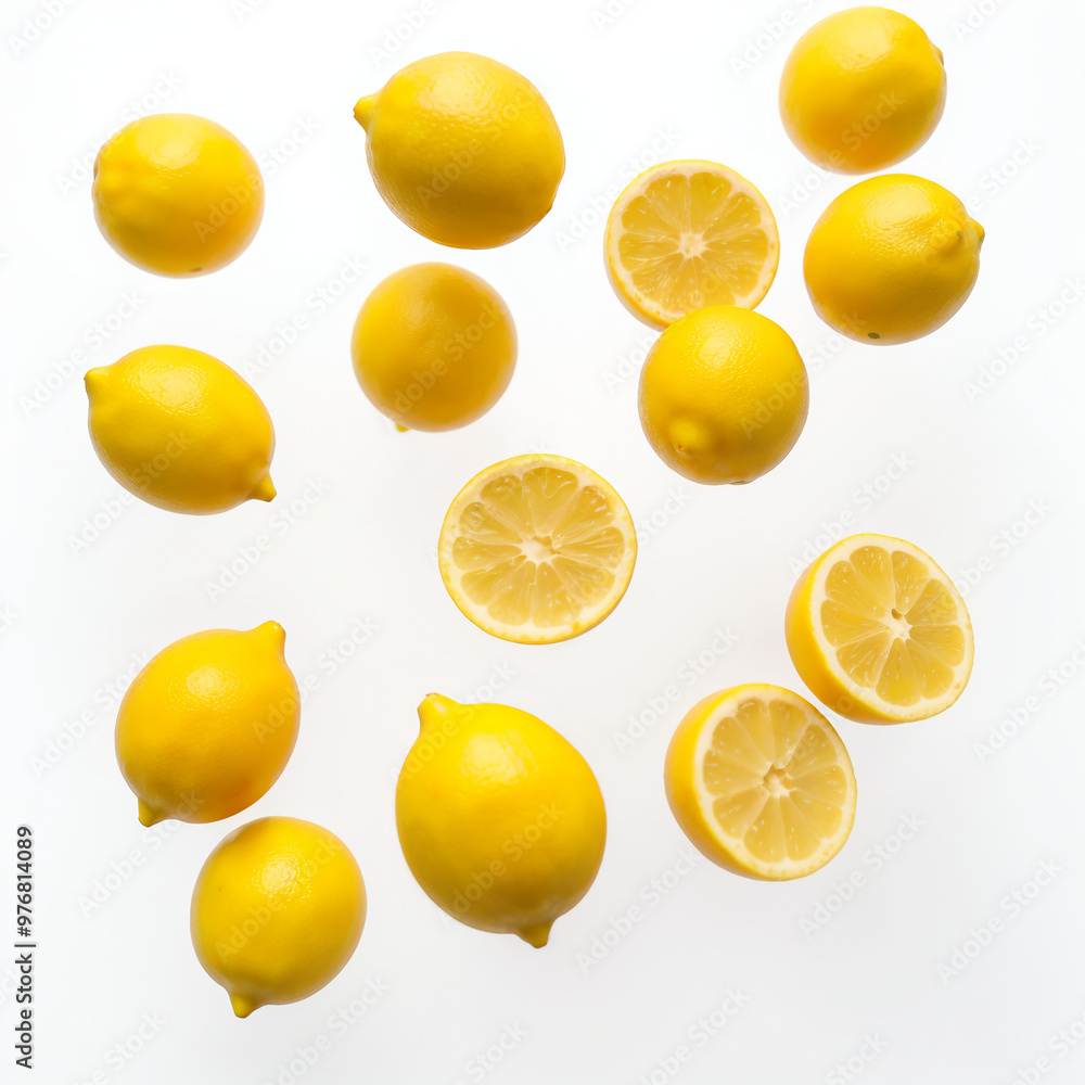 Fresh Lemons and Lemon Halves Floating in Air Fresh Lemons and Lemon Halves Floating in Air