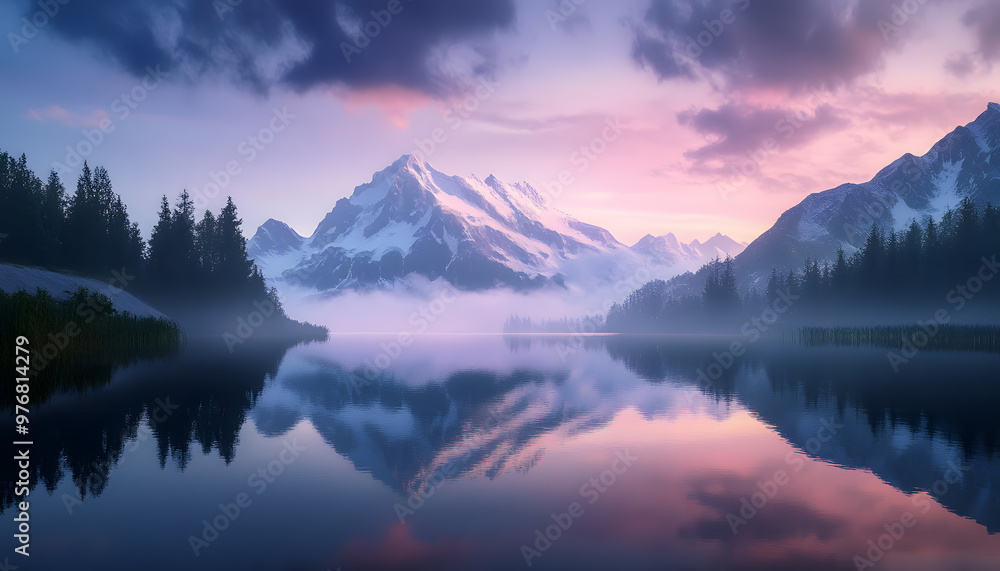 Nature Bliss: A serene mountain landscape with a lake reflecting the snowy peaks at sunrise Nature Bliss: A serene mountain landscape with a lake reflecting the snowy peaks at sunrise