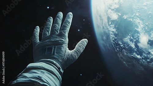Astronaut Hand Floating in Space: A gloved astronaut hand floating in the vacuum of space, with the Earth visible in the distance. 
