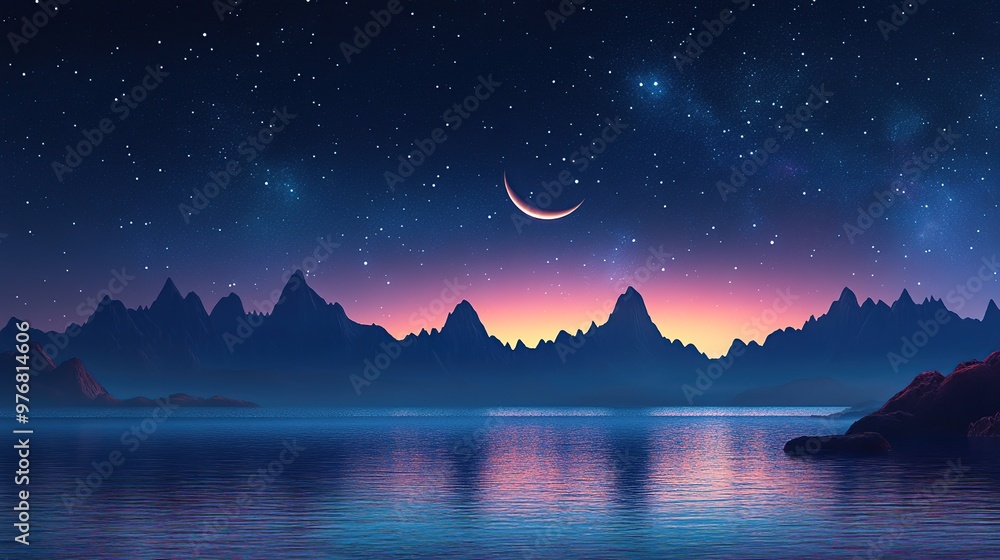 Fototapeta premium Starry Night Over Mountains and Lake