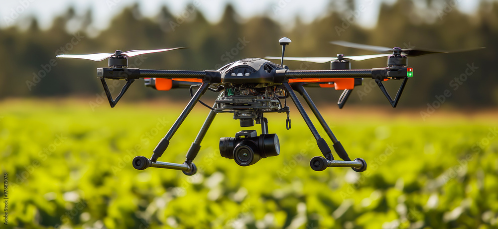 Drone flying over a field. Modern agriculture Drone flying over a field. Modern agriculture