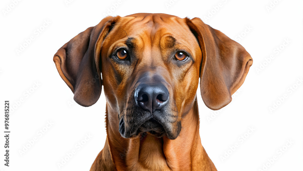 Rhodesian ridgeback dog sitting in front view, isolated on white background, Rhodesian ridgeback, dog, sitting, front view Rhodesian ridgeback dog sitting in front view, isolated on white background, Rhodesian ridgeback, dog, sitting, front view