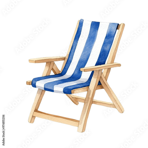 Colorful deck chair with blue and white stripes on a wooden frame