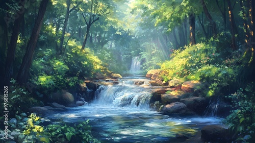 Sunlit Forest Stream with Waterfall and Lush Greenery