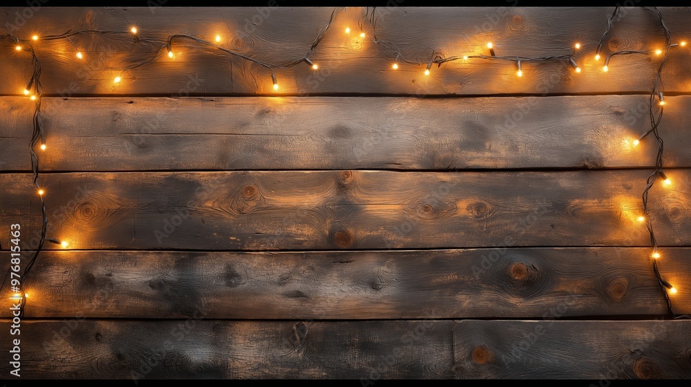 Fototapeta premium A wooden background with a string of lights hanging from it. The lights are lit up and create a warm, cozy atmosphere