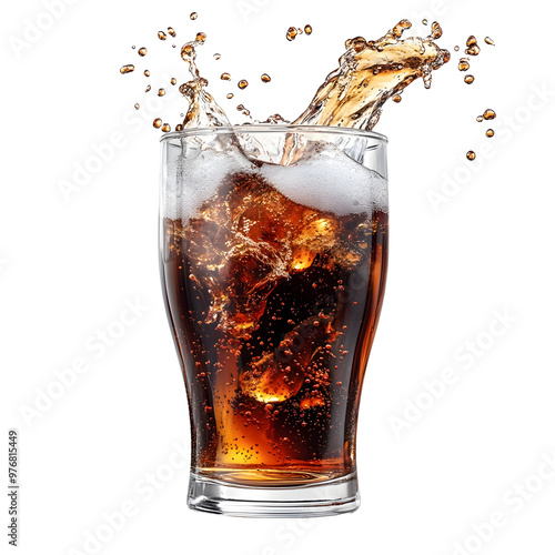 Sparkling Cola Liquid Splash in Transparent Glass on White Background