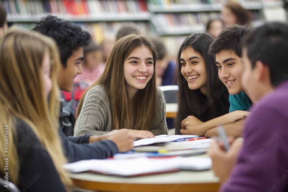 Group of Diverse Teenagers Studying in a Library Group of Diverse Teenagers Studying in a Library