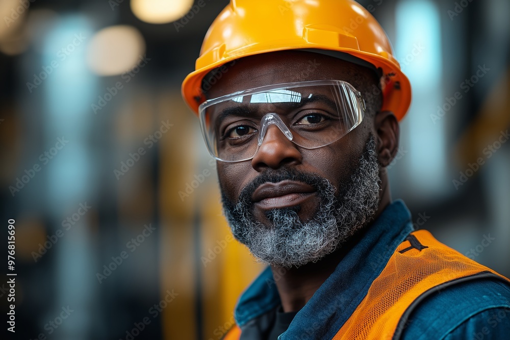 A man with a yellow helmet and glasses is staring at the camera. He has a beard and a mustache A man with a yellow helmet and glasses is staring at the camera. He has a beard and a mustache