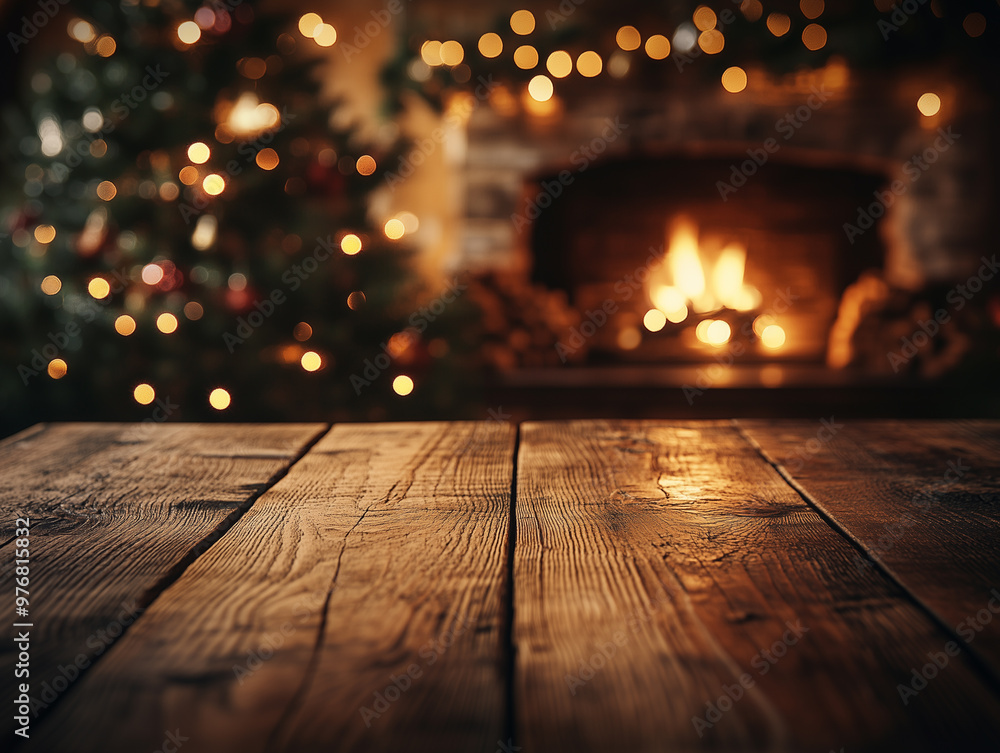 a wooden table with a a fireplace in the background and a festively decorated living room a wooden table with a a fireplace in the background and a festively decorated living room